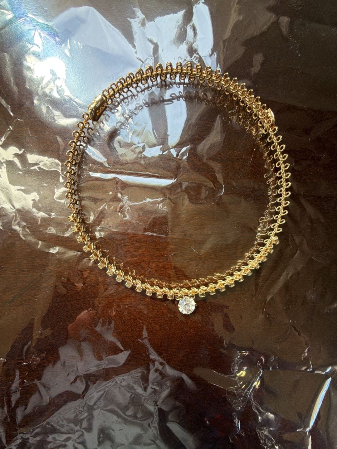 Vintage Gold Tone Choker Necklace with Center Rhinestone Pendant 7