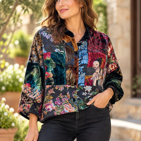 Draper's & Damon's Patchwork Velvet Jacket PXL Multi Silk Blend Petites