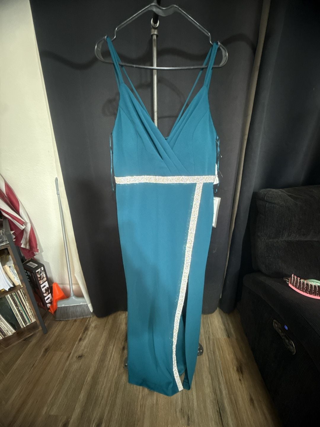 NWT Nightway Evening Dress Size 12 Teal Blue Rhinestone Slit Maxi Gown 2