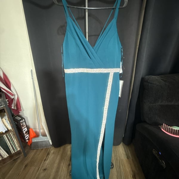 NWT Nightway Evening Dress Size 12 Teal Blue Rhinestone Slit Maxi Gown