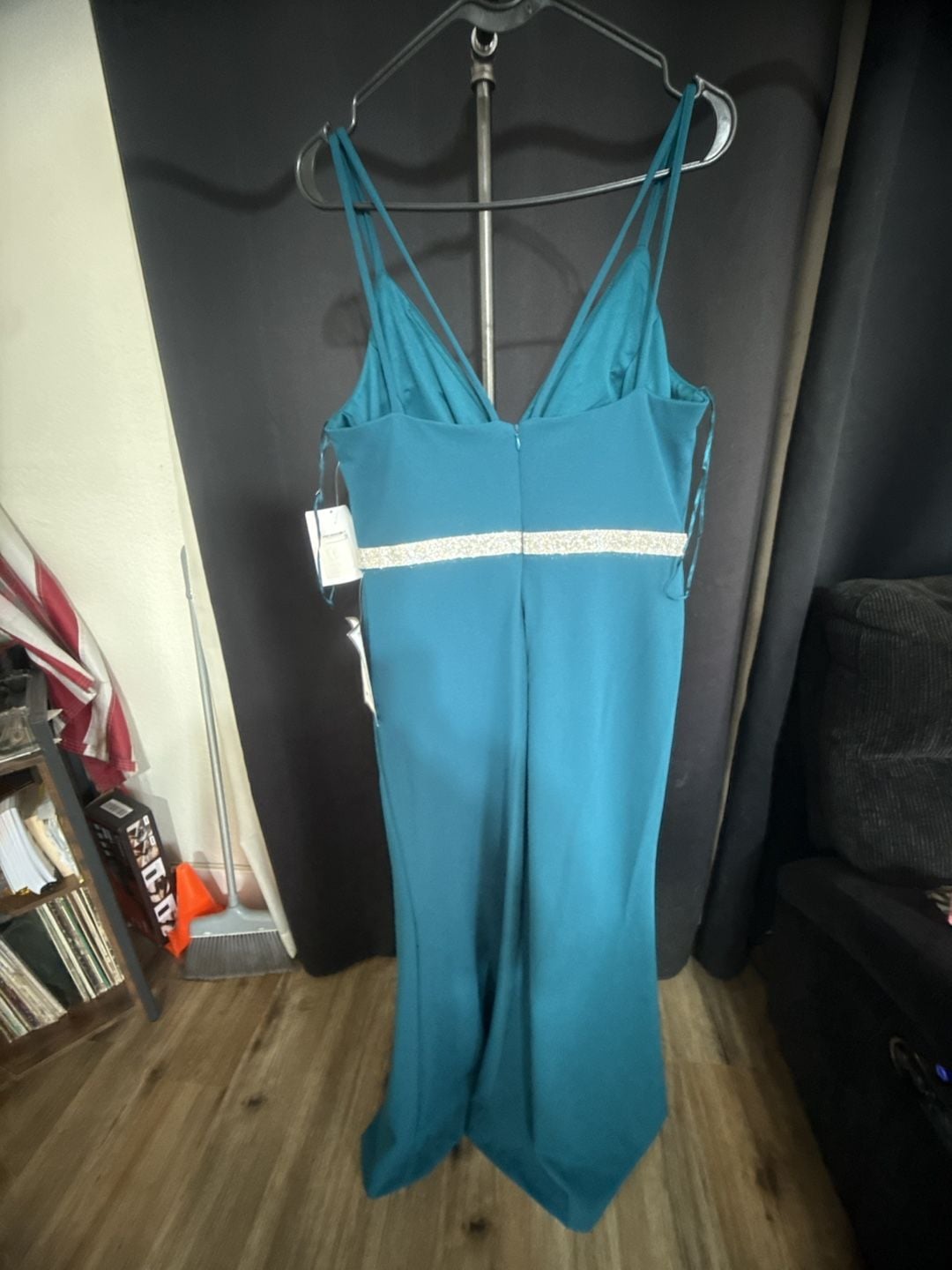 NWT Nightway Evening Dress Size 12 Teal Blue Rhinestone Slit Maxi Gown 3