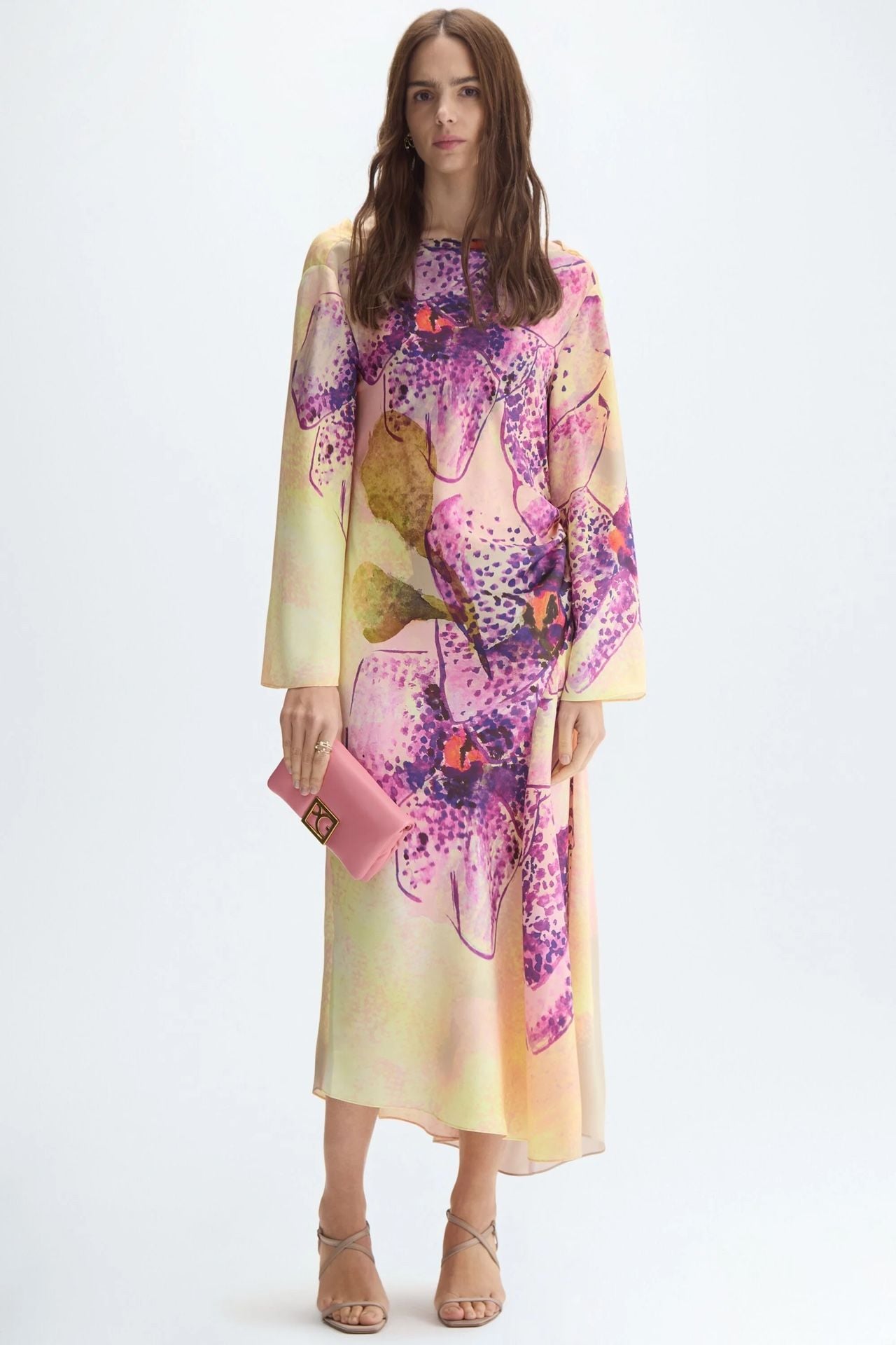 Purificacion Garcia Maxi Dress Size S Pink Yellow Floral Orchid Print 2