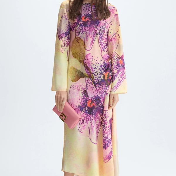 Purificacion Garcia Maxi Dress Size S Pink Yellow Floral Orchid Print