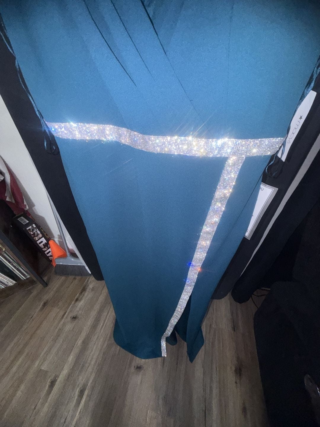 NWT Nightway Evening Dress Size 12 Teal Blue Rhinestone Slit Maxi Gown 5