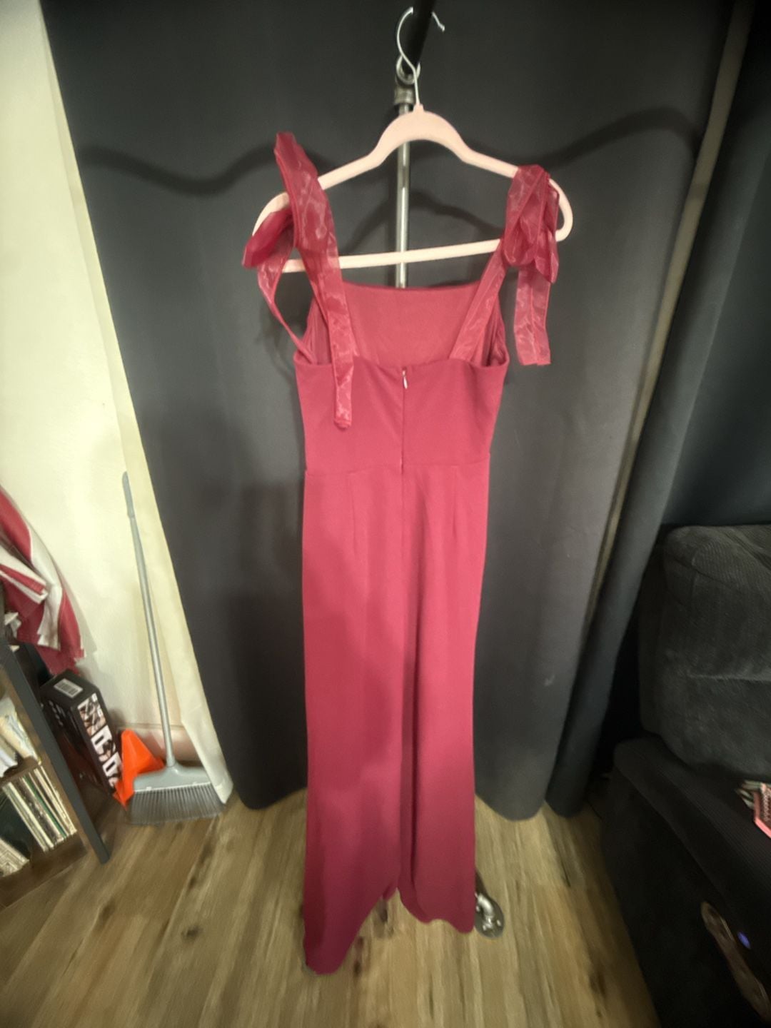 Lulus Maxi Dress Size M Burgundy Red Formal Evening Gown Bow Straps and slit 3
