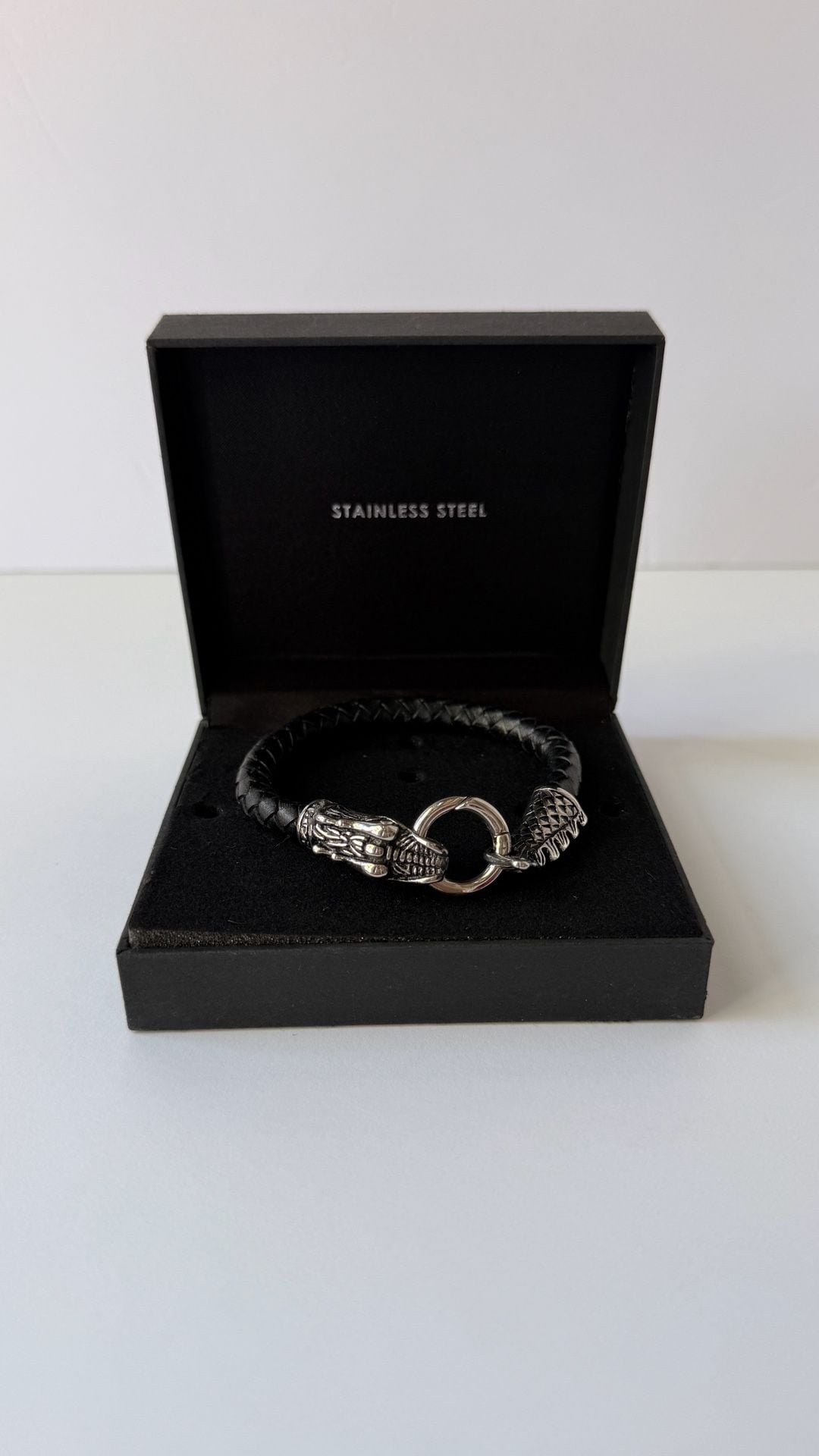 Andrew Charles Braided Leather Dragon Bracelet Black Stainless Steel # 680 2