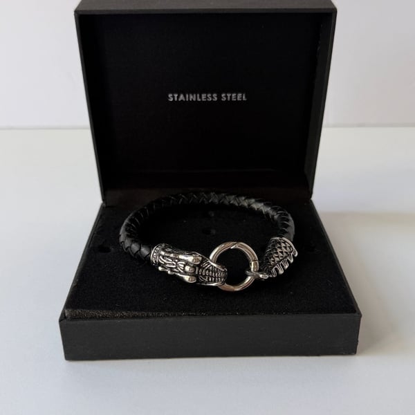 Andrew Charles Braided Leather Dragon Bracelet Black Stainless Steel # 680