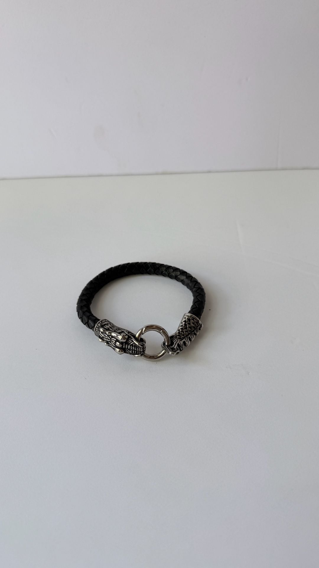Andrew Charles Braided Leather Dragon Bracelet Black Stainless Steel # 680 3