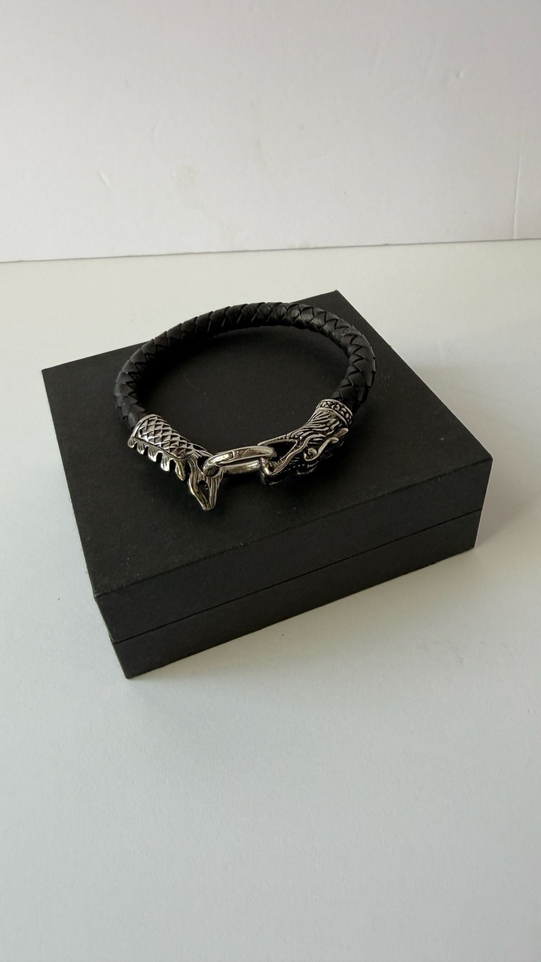 Andrew Charles Braided Leather Dragon Bracelet Black Stainless Steel # 680 5