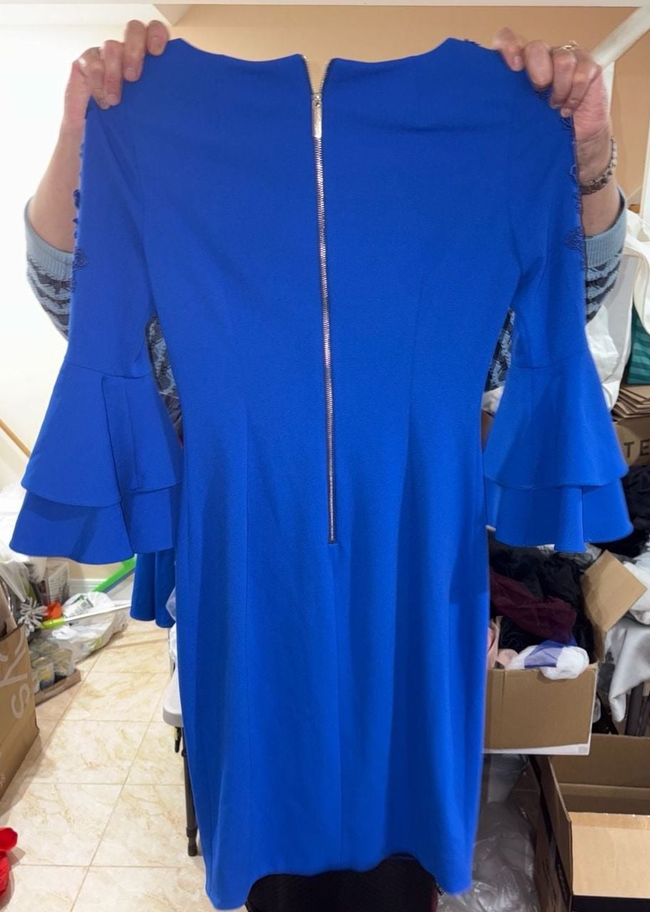 Calvin Klein Lace Applique Sheath Dress Size 6 Blue Tiered Sleeves 4
