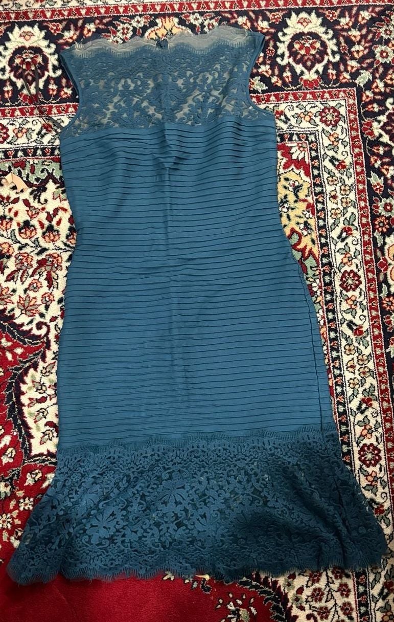 Tadashi Shoji Sheath Dress Size L Teal Blue Lace Pintuck Cocktail Dress 2