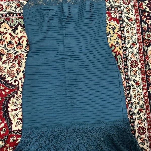 Tadashi Shoji Sheath Dress Size L Teal Blue Lace Pintuck Cocktail Dress