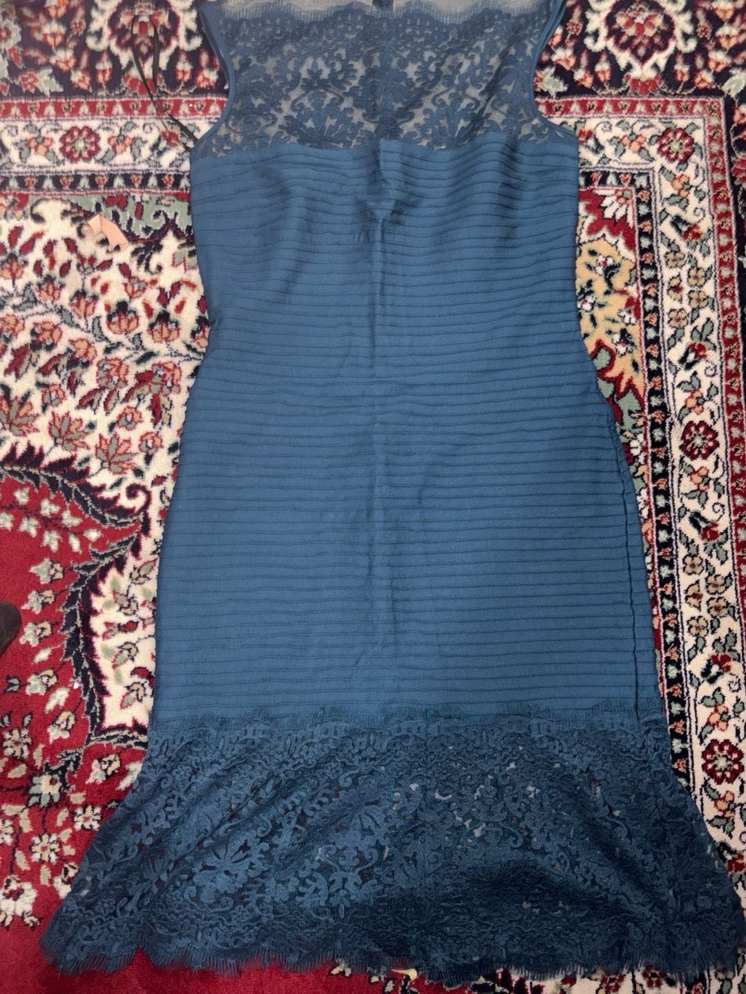Tadashi Shoji Sheath Dress Size L Teal Blue Lace Pintuck Cocktail Dress 3