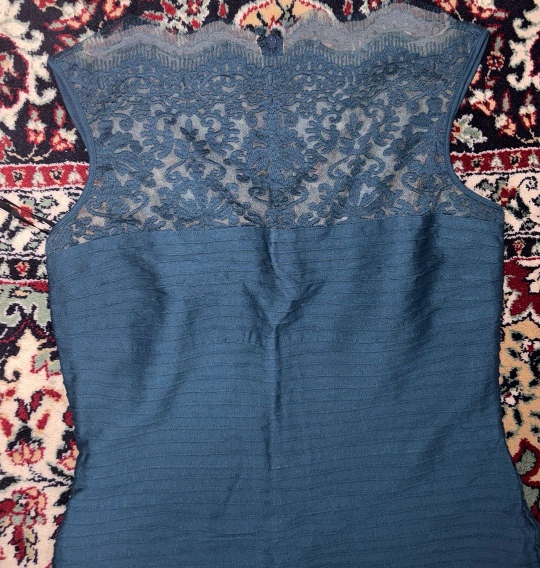 Tadashi Shoji Sheath Dress Size L Teal Blue Lace Pintuck Cocktail Dress 5