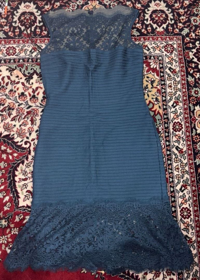 Tadashi Shoji Sheath Dress Size L Teal Blue Lace Pintuck Cocktail Dress 4