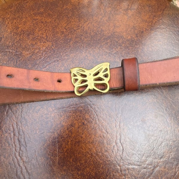 Vintage Leather Belt Brass Butterfly Size 32 Brown