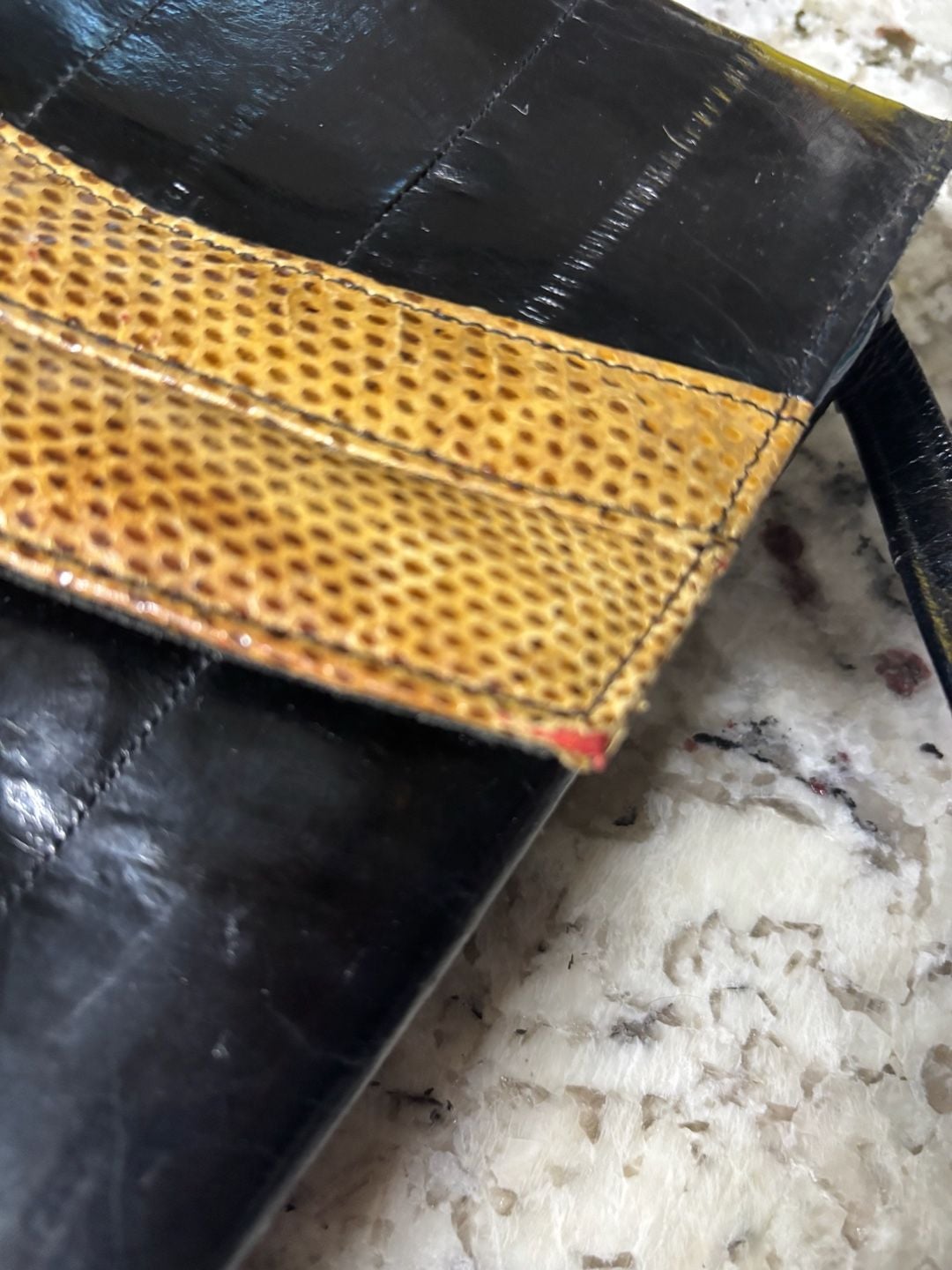 1980 Leather of the Sea Vintage Black & Gold Eel Skin Crossbody Envelope Clutch 8