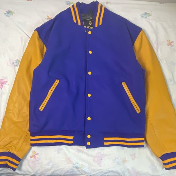 Sledwise Varsity Jacket Size XL Blue Gold Leather Sleeves Letterman Coat