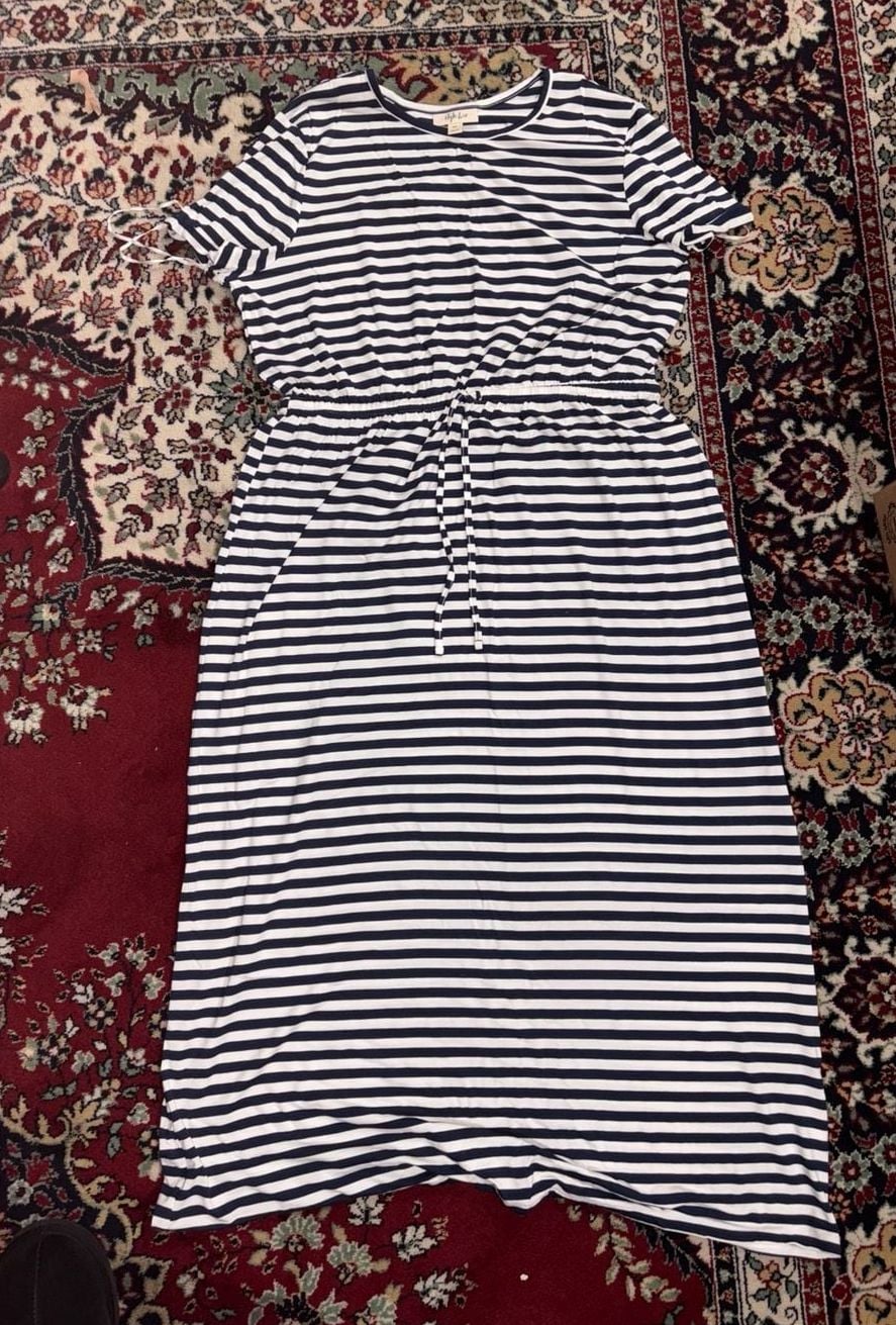 Style & Co Maxi Dress Size PXL Blue White Striped T-Shirt Drawstring 2