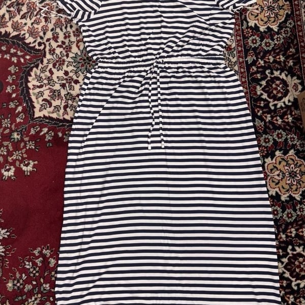 Style & Co Maxi Dress Size PXL Blue White Striped T-Shirt Drawstring