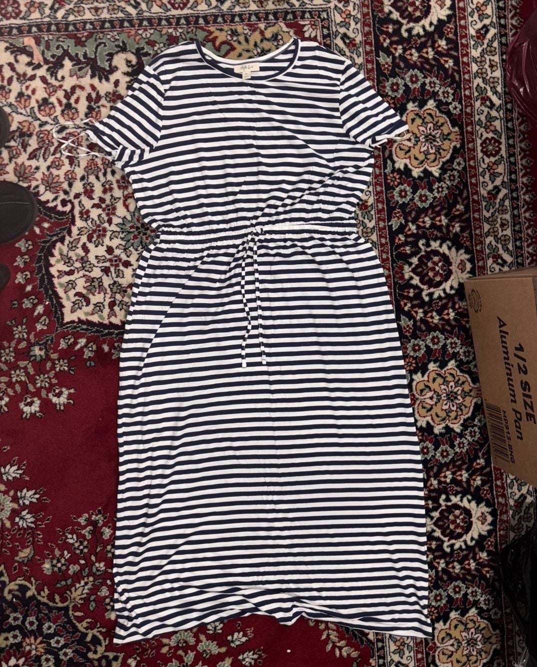 Style & Co Maxi Dress Size PXL Blue White Striped T-Shirt Drawstring 3