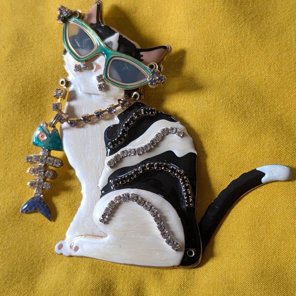 Lunch at the Ritz Cat Brooch Black White Enamel Rhinestone Glasses Fish