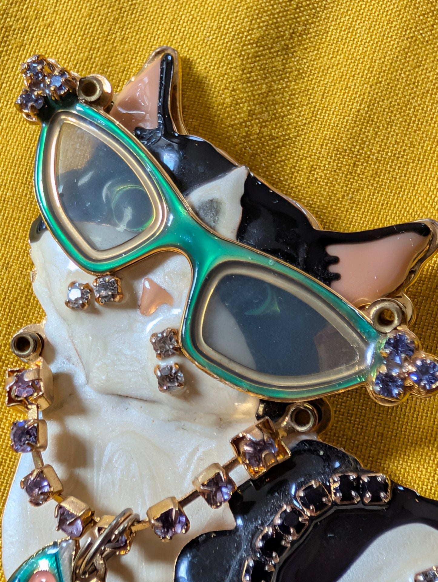 Lunch at the Ritz Cat Brooch Black White Enamel Rhinestone Glasses Fish 3