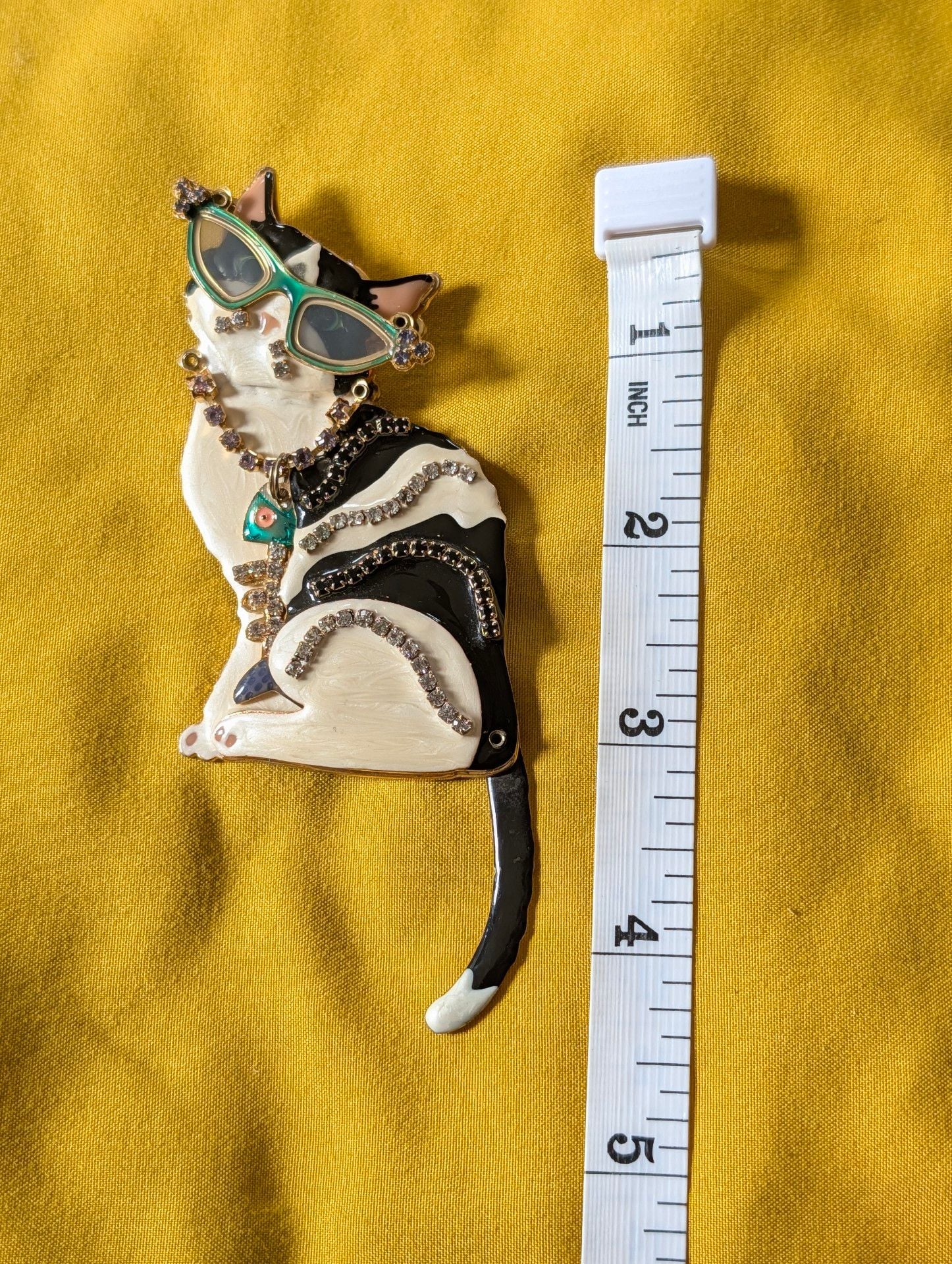 Lunch at the Ritz Cat Brooch Black White Enamel Rhinestone Glasses Fish 7