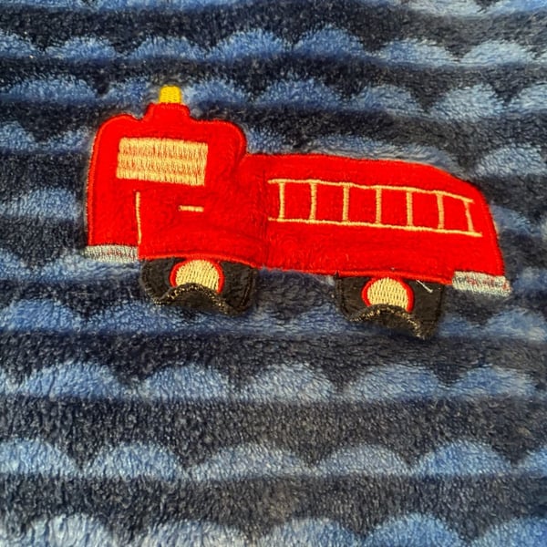 Baby Connection Fire Truck Baby Blanket Blue Red Stitched Edge Fleece