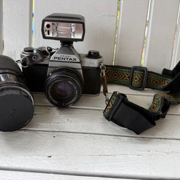 Asahi Pentax Film Camera with 50mm Lens and Flash