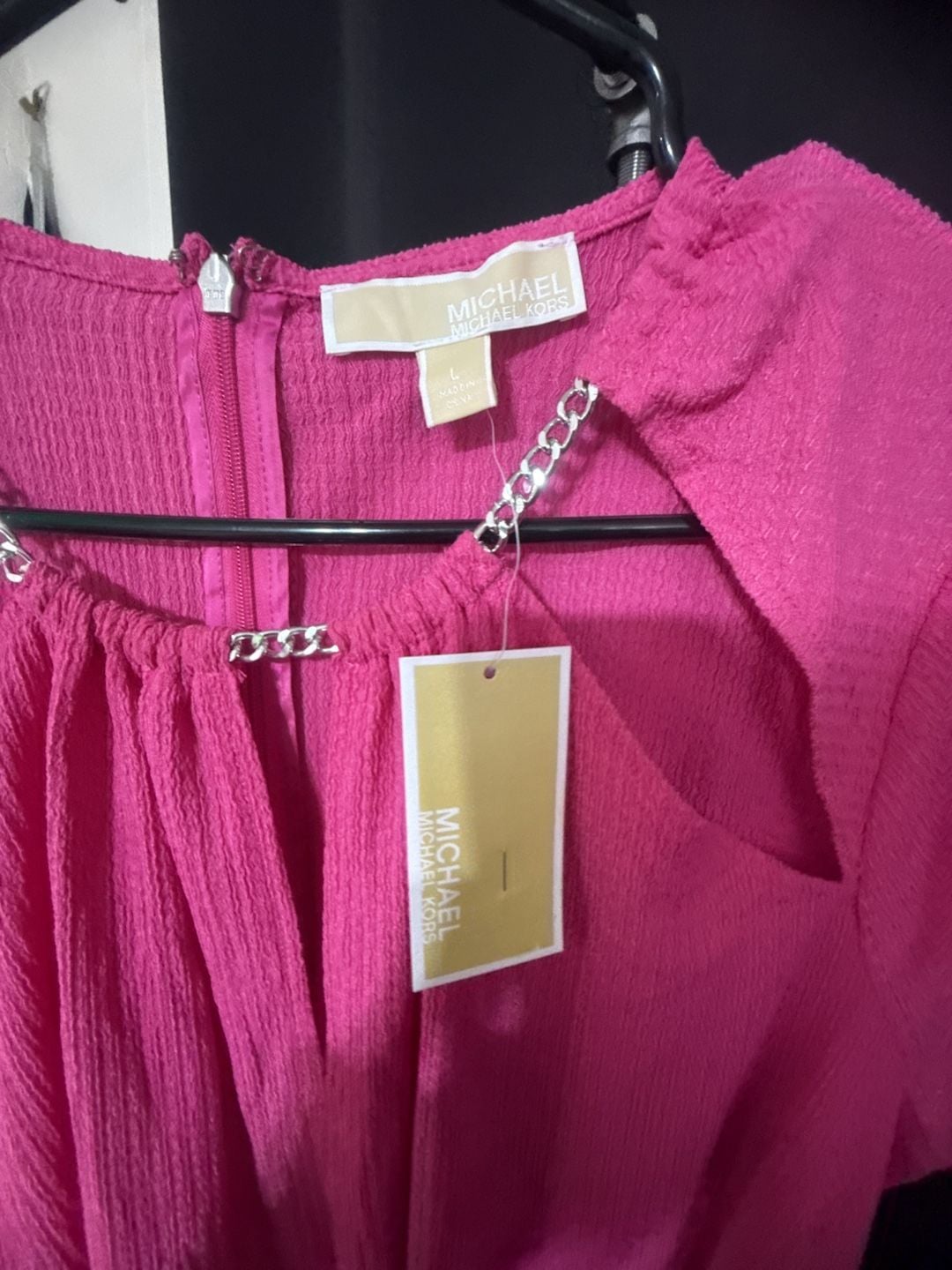 NWT Michael Michael Kors Dress Size L Pink Chain Detail Tie Waist 5