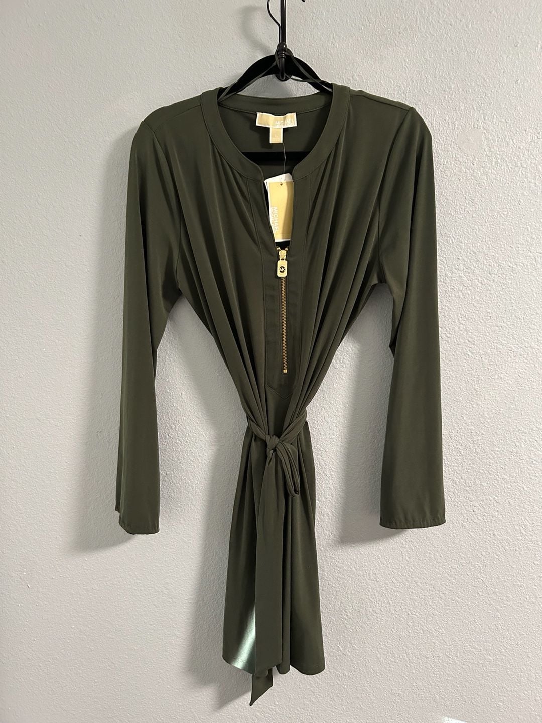Michael Kors Dress Size XL Olive Green Zip Front Long Sleeve Belted 2