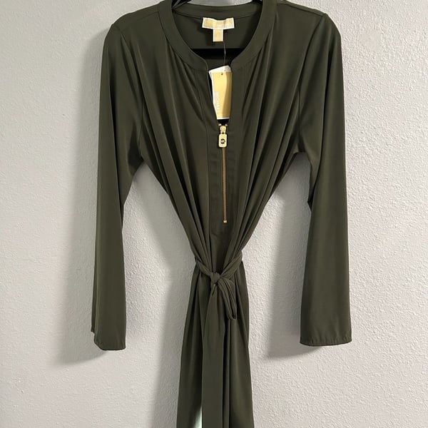 Michael Kors Dress Size XL Olive Green Zip Front Long Sleeve Belted