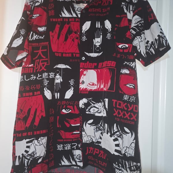 Fresh Prints of Tokyo Button Down Shirt Size S Anime Manga Print Red Black