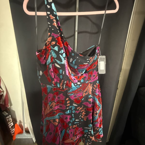 City Studios One-Shoulder Skater Dress Size 13 Multi Velvet Abstract