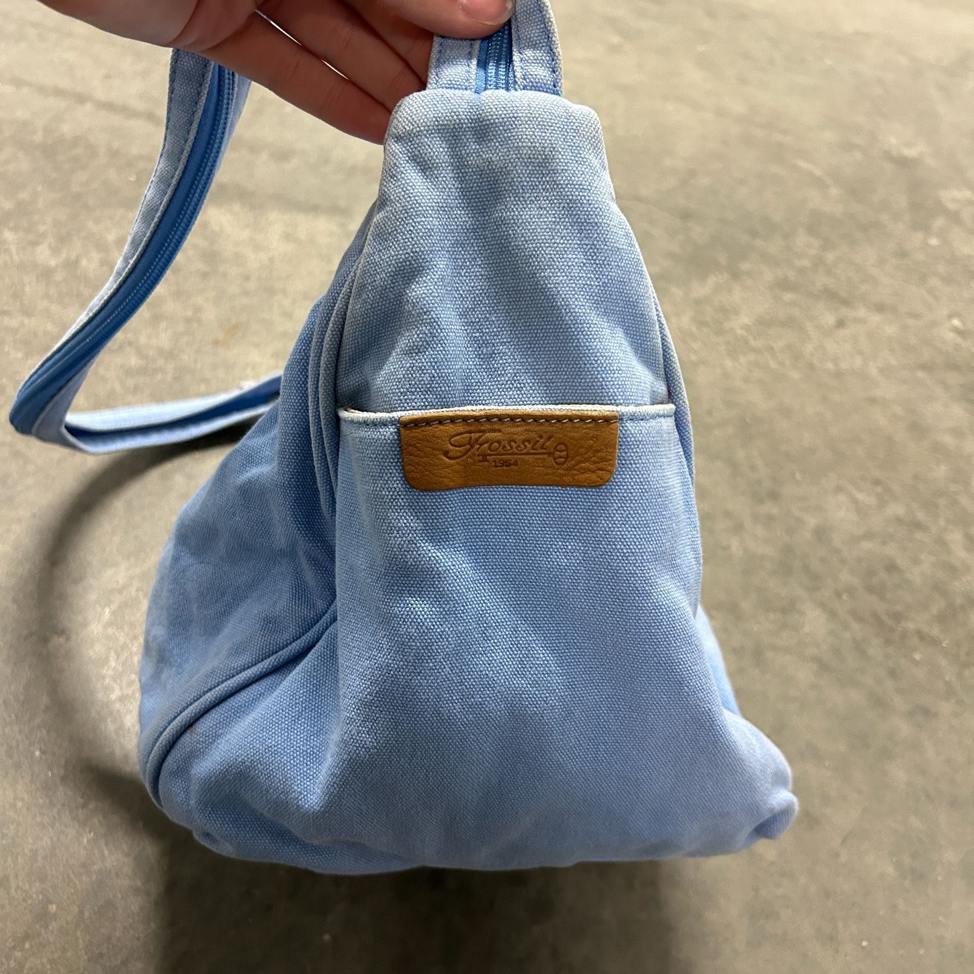 Fossil 1954 Light Blue Canvas Sling Bag Crossbody Hobo Purse 3