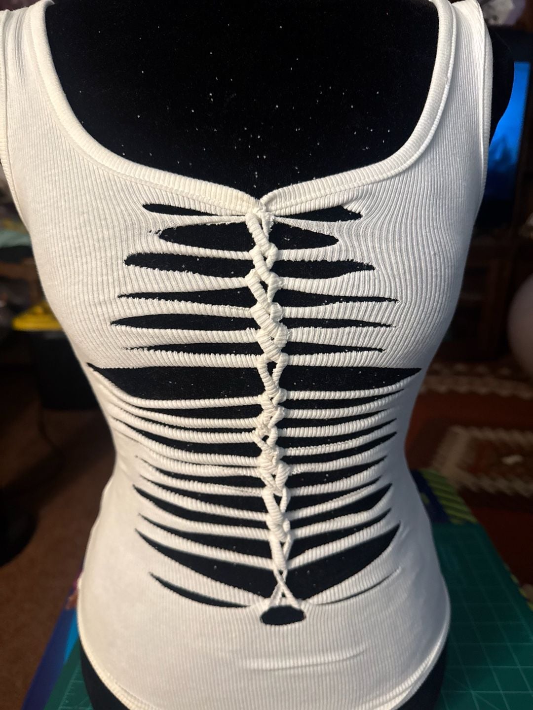 Hand cut Slit Weave Tank Top White Shredded Cut Out 2