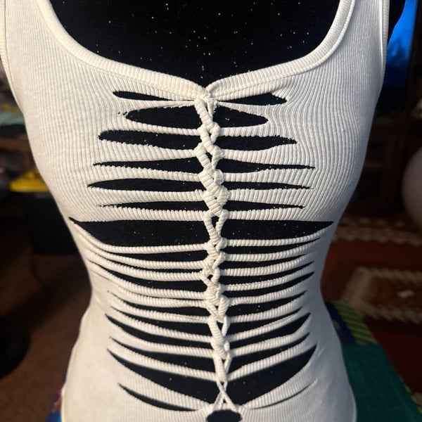 Hand cut Slit Weave Tank Top White Shredded Cut Out