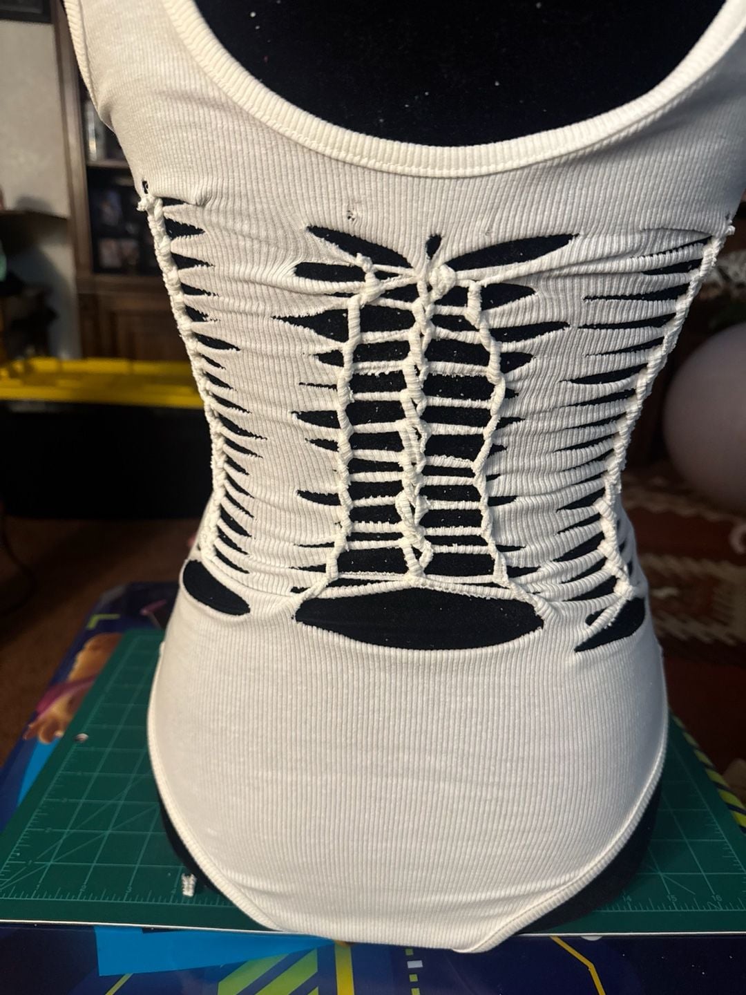 Hand cut Slit Weave Tank Top White Shredded Cut Out 3