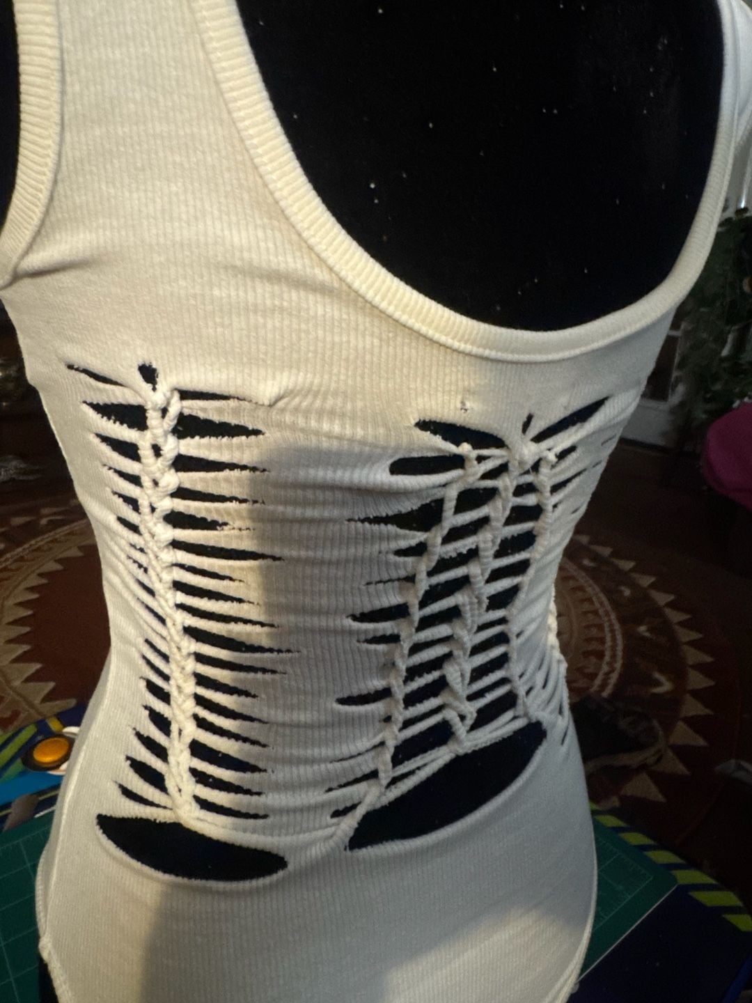 Hand cut Slit Weave Tank Top White Shredded Cut Out 4