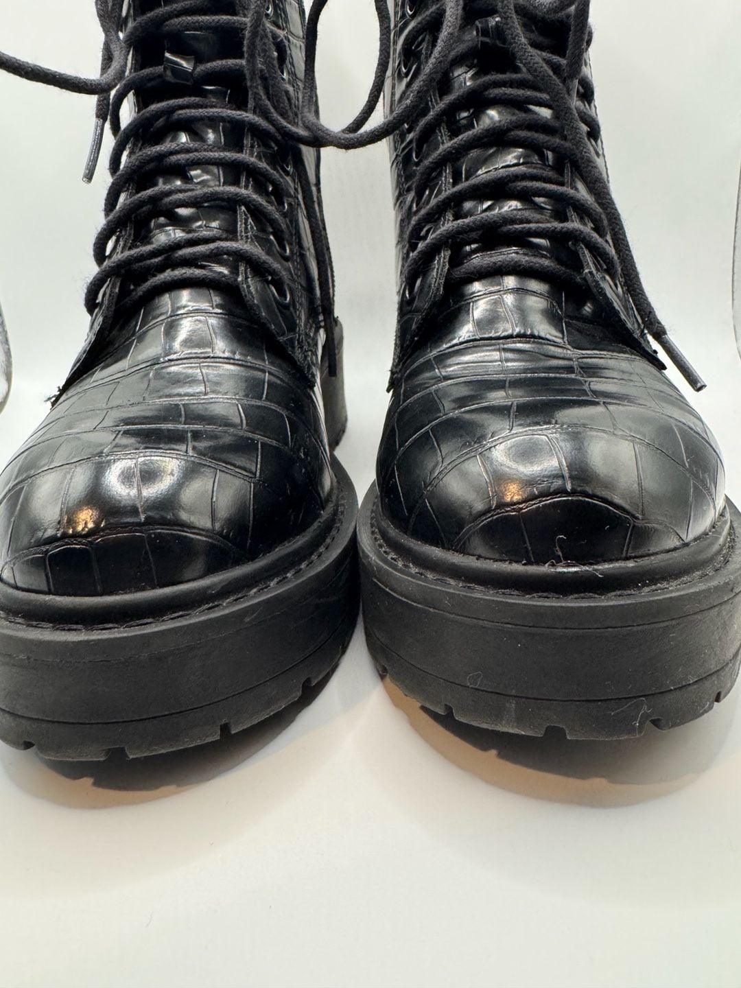 Steve Madden Black Croc Embossed Combat Boots 7 3