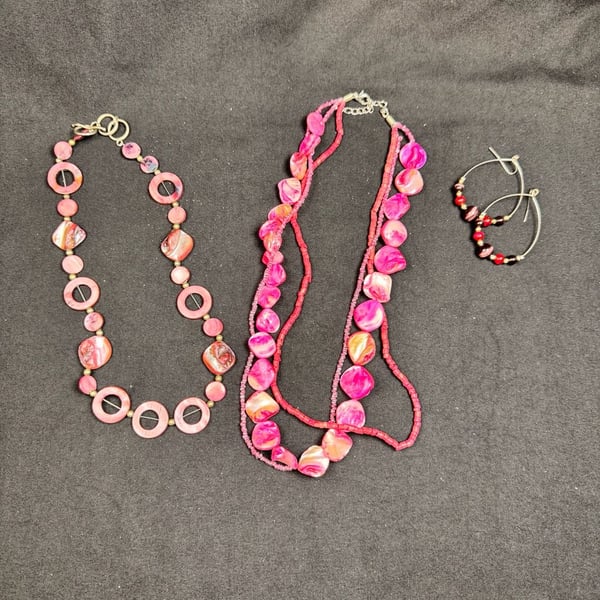 Pink Shell Bead Lot – 2 Necklaces + Beaded Hoop Earrings – Boho Mother of Pearl