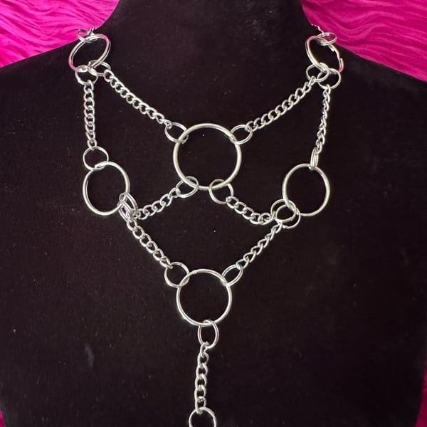 Gothic O-Ring Chain Choker Harness Silver Tone Necklace