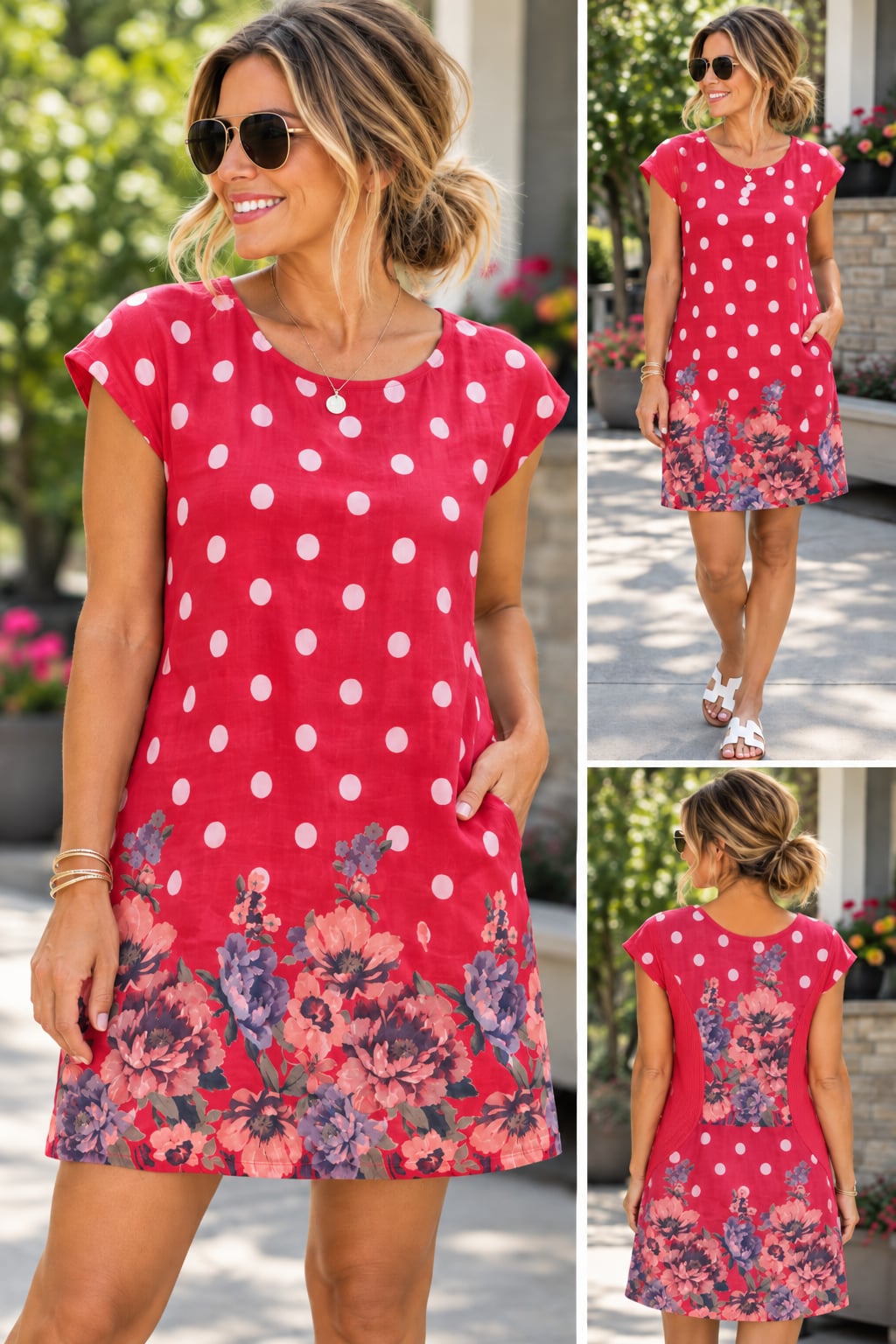 Made in Italy Polka Dot Floral Dress Red Linen 2