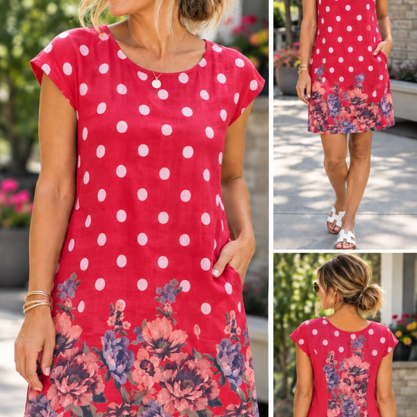 Made in Italy Polka Dot Floral Dress Red Linen