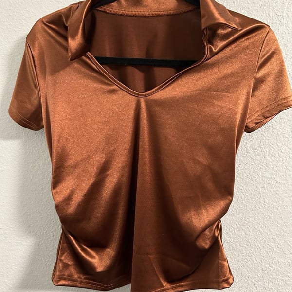 SHEIN Satin Collar Ruched Short Sleeve Blouse Size M Brown