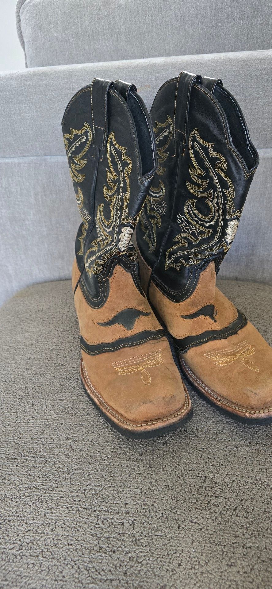 Longhorn Western Cowboy Boots Sand Black Square Toe size 11 2