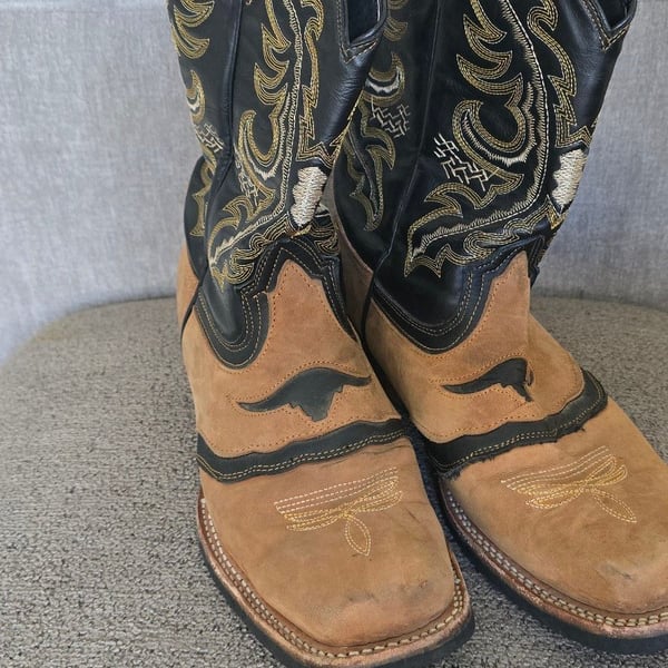 Longhorn Western Cowboy Boots Sand Black Square Toe size 11