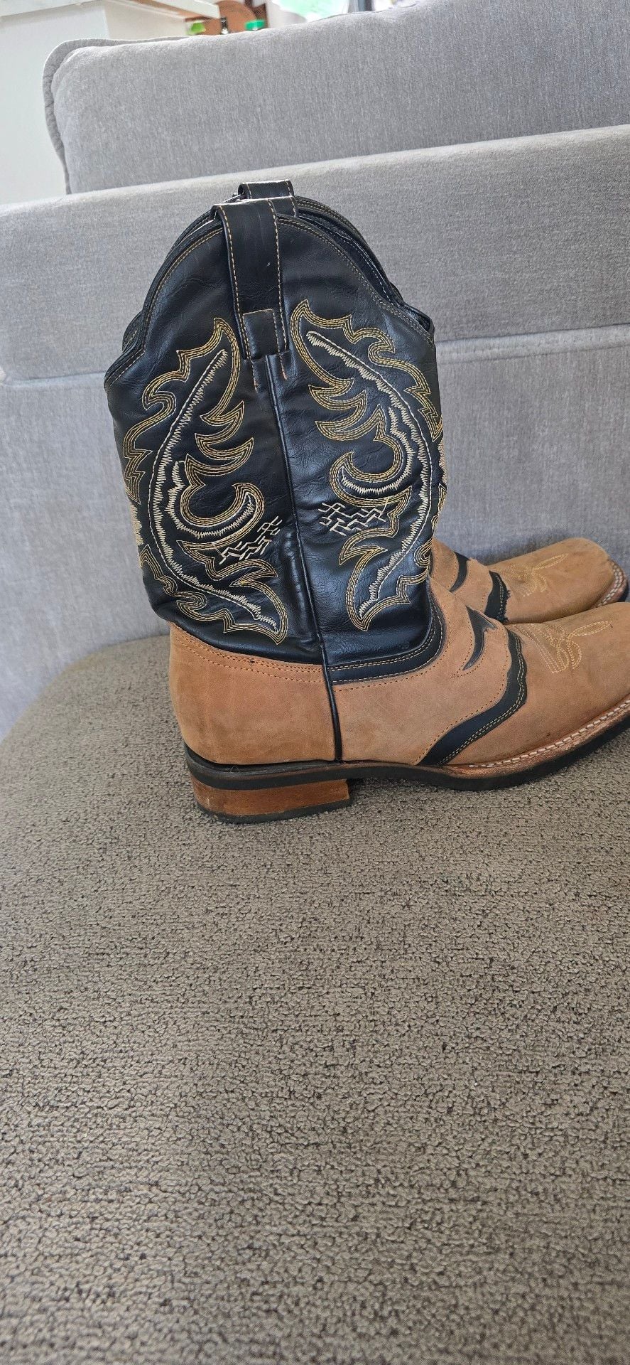 Longhorn Western Cowboy Boots Sand Black Square Toe size 11 3