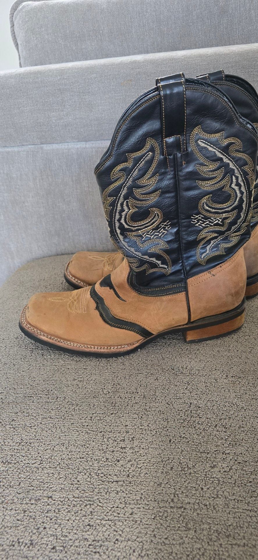 Longhorn Western Cowboy Boots Sand Black Square Toe size 11 5